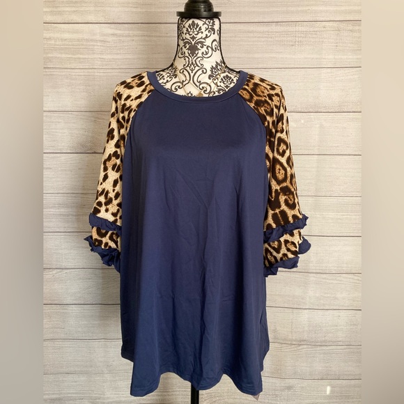 Emery Rose Tops - EMERY ROSE | NWT Women’s Leopard 3/4 Ruffle Sleeve Navy Blue Blouse